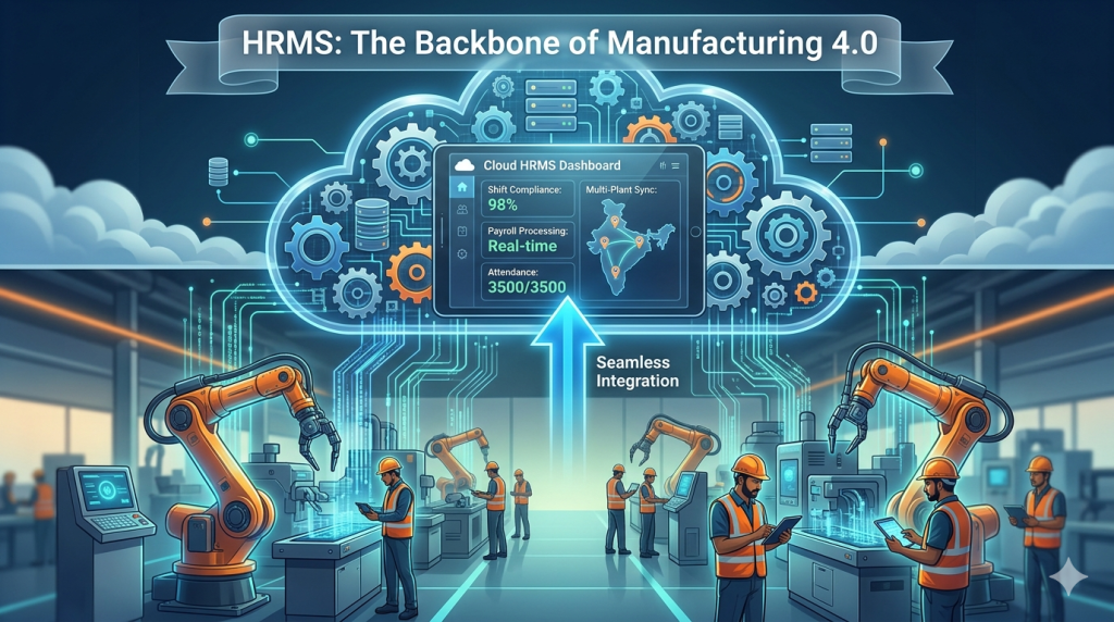 A wide-angle conceptual illustration in a professional, technical-modern style, split into two horizontal layers. The bottom layer depicts a bustling, advanced manufacturing floor (Industry 4.0) with automated robotic arms and Indian workers in safety gear and helmets interacting with smart terminals. Below the floor, glowing data streams rise upwards like complex networks. The top layer represents the "Cloud Backbone": a large, abstract cloud formation made of interlocking digital gears, server nodes, and connecting data pathways. In the very center of the cloud is a transparent tablet interface displaying a "Cloud HRMS Dashboard." The dashboard features key metrics in English: "Shift Compliance: 98%," "Payroll Processing: Real-time," "Attendance: 3500/3500," and "Multi-Plant Sync: [Map of India with three plant locations in Chennai, Pune, Bengaluru]." A prominent arrow connects the complex factory floor activity directly to the central HRMS dashboard in the cloud, visually representing "Seamless Integration." A clean, flowing title banner at the top of the entire image reads, "HRMS: The Backbone of Manufacturing 4.0." The color scheme is a professional mix of deep blues, electric oranges, and digital teal, conveying reliability and technology.