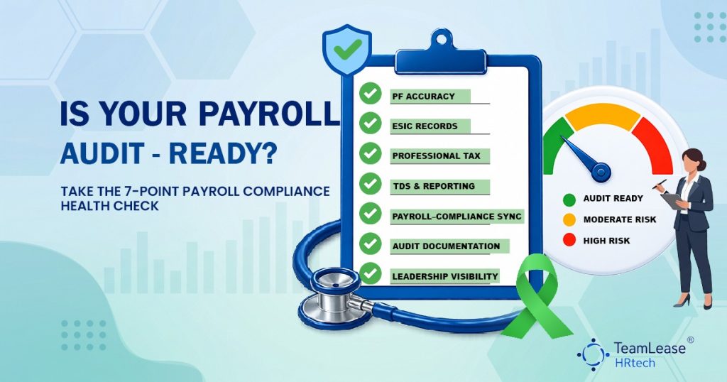 Payroll compliance health check clipboard with audit-ready risk gauge