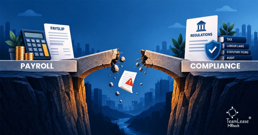 Payroll-compliance handoff shown as a unified HCM platform connecting payroll processing and statutory compliance