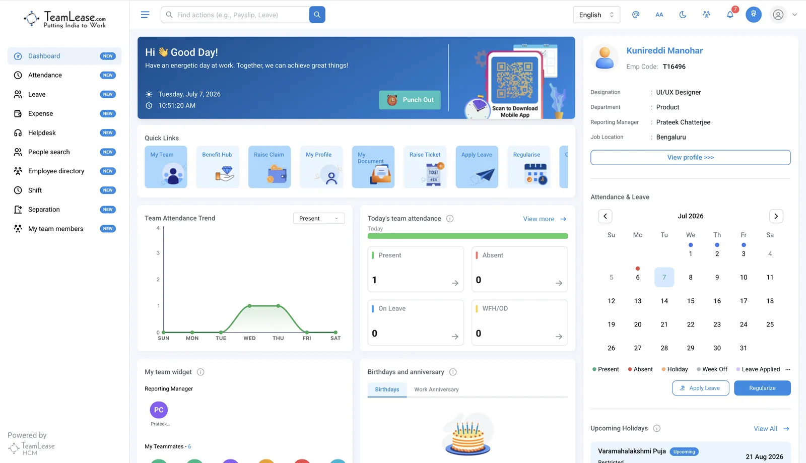 TeamLease HCM web dashboard with attendance, leave and quick links