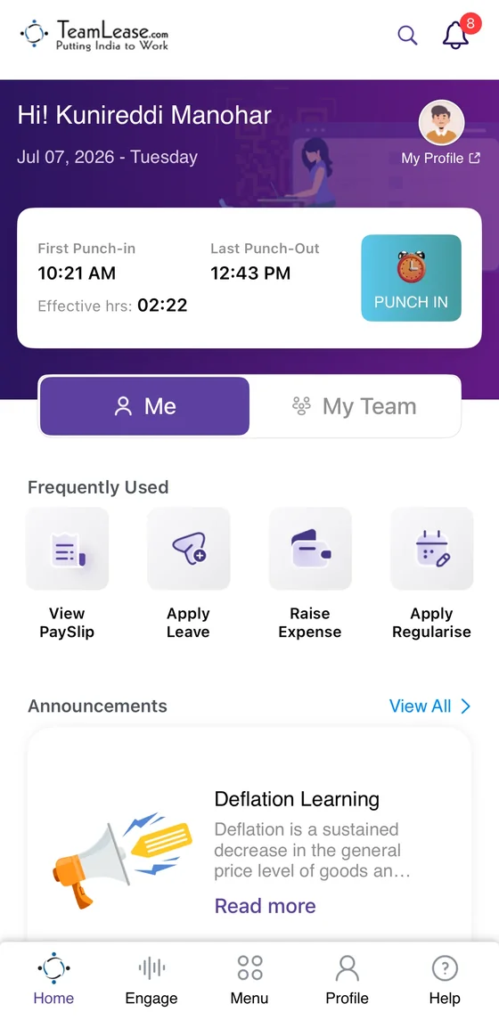 TeamLease HCM mobile app home screen with payslip, leave and expense shortcuts